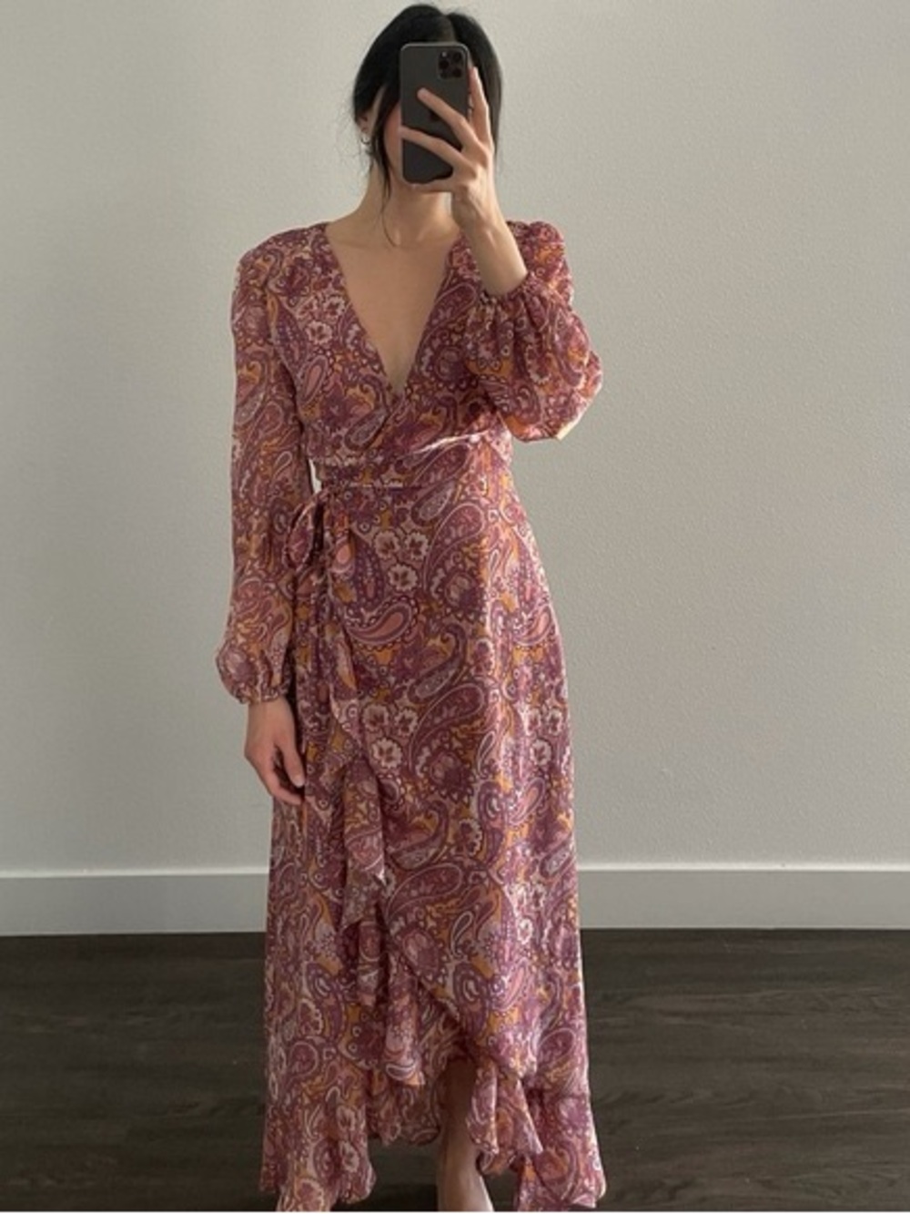 Long Sleeve Pink Paisley Wrap Dress